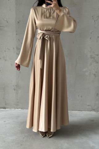 Fluid Elegance: Flounce Sleeve Satin Hijab Evening Dress Stone