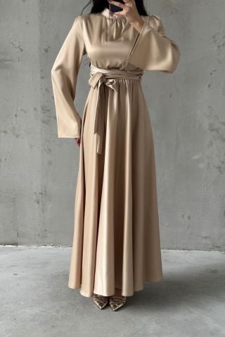 Fluid Elegance: Flounce Sleeve Satin Hijab Evening Dress Stone