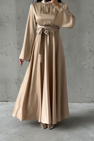 Fluid Elegance: Flounce Sleeve Satin Hijab Evening Dress Stone