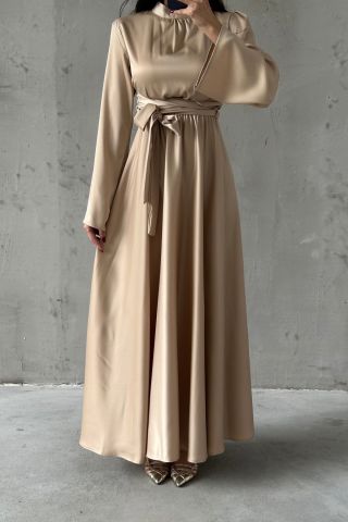 Fluid Elegance: Flounce Sleeve Satin Hijab Evening Dress Stone