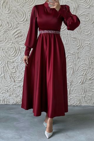 Işıltılı Kemer Detaylı Basic Saten Tesettür Abiye Bordo