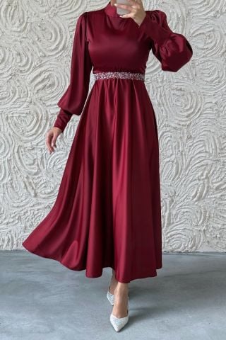 Işıltılı Kemer Detaylı Basic Saten Tesettür Abiye Bordo