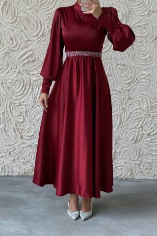 Işıltılı Kemer Detaylı Basic Saten Tesettür Abiye Bordo