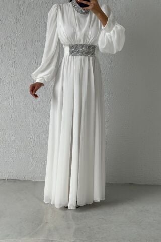 Modern Design Stone Detailed Chiffon Hijab Evening Dress Ecru