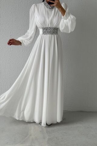 Modern Tasarım Taş Detaylı Şifon Tesettür Abiye Ekru