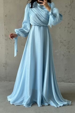 Draped Belt Detailed Janjan Fabric Hijab Evening Dress Baby Blue