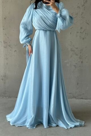 Drapeli Kuşak Detaylı Janjan Kumaş Tesettür Abiye Bebe Mavisi