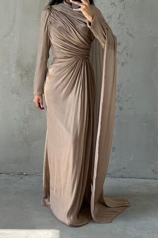 Omuzdan Pelerin Detaylı Janjan Tesettür Abiye Bakır