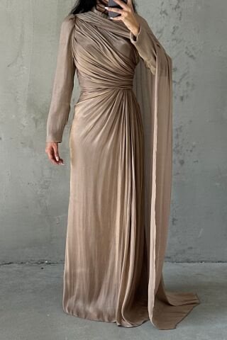 Omuzdan Pelerin Detaylı Janjan Tesettür Abiye Bakır