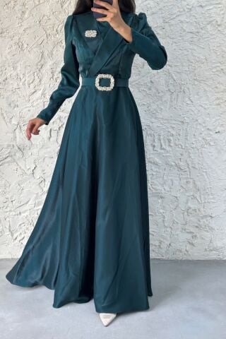 Belt and Stone Detailed Satin Hijab Evening Dress Green