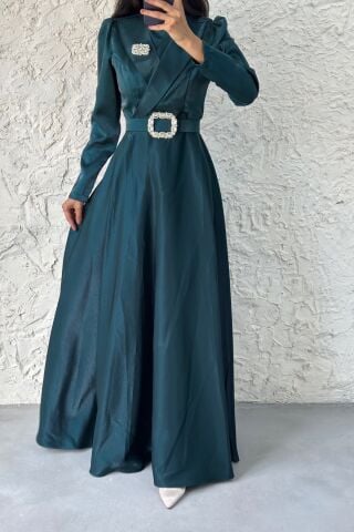 Belt and Stone Detailed Satin Hijab Evening Dress Green