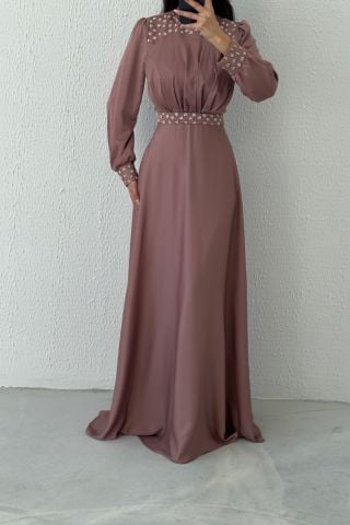 Satin Hijab Evening Dress Powder with Stone Detail on Waist and Sleeve End