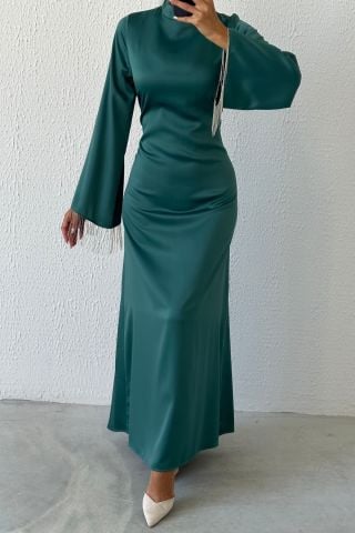 Saten İncisi: Volan Kol Zincir Detaylı Tesettür Abiye Mint Yeşili