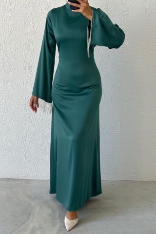 Saten İncisi: Volan Kol Zincir Detaylı Tesettür Abiye Mint Yeşili