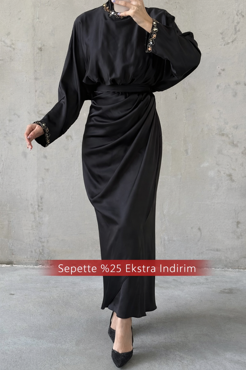 Simple and Elegant Design Satin Hijab Evening Dress Black