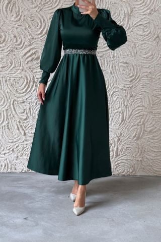 Işıltılı Kemer Detaylı Basic Saten Tesettür Abiye Yeşil