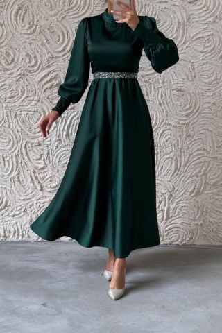 Işıltılı Kemer Detaylı Basic Saten Tesettür Abiye Yeşil