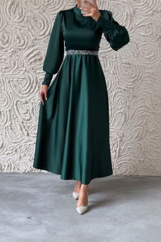 Işıltılı Kemer Detaylı Basic Saten Tesettür Abiye Yeşil