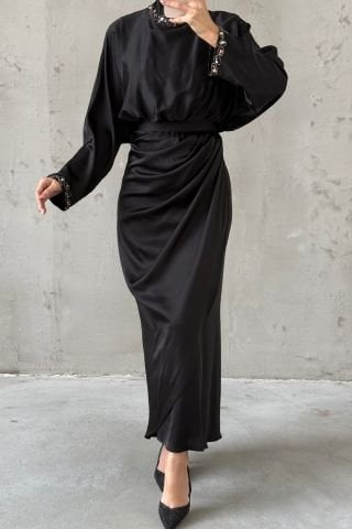 Simple and Elegant Design Satin Hijab Evening Dress Black