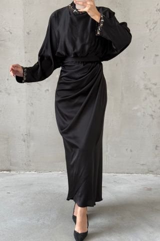 Simple and Elegant Design Satin Hijab Evening Dress Black