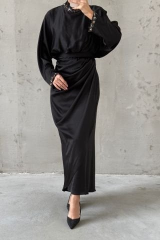 Simple and Elegant Design Satin Hijab Evening Dress Black