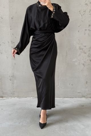 Simple and Elegant Design Satin Hijab Evening Dress Black