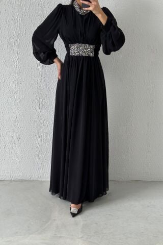 Modern Design Stone Detailed Chiffon Hijab Evening Dress Black