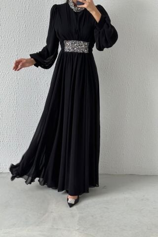 Modern Design Stone Detailed Chiffon Hijab Evening Dress Black