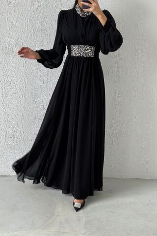 Modern Design Stone Detailed Chiffon Hijab Evening Dress Black