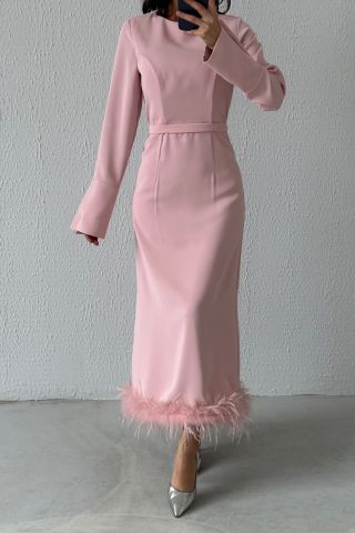 Etek Ucu Tüy Detaylı Krep Tesettür Abiye Pudra