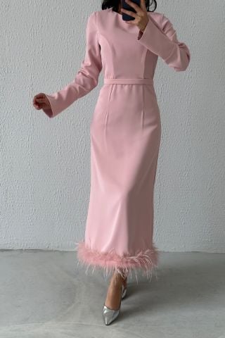 Etek Ucu Tüy Detaylı Krep Tesettür Abiye Pudra