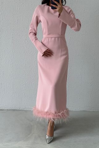 Etek Ucu Tüy Detaylı Krep Tesettür Abiye Pudra