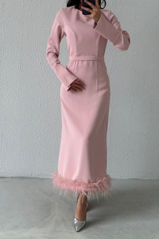 Etek Ucu Tüy Detaylı Krep Tesettür Abiye Pudra