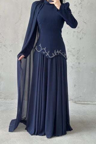 Zehra Hijab Evening Dress Navy Blue