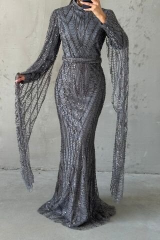 Işıltılı İşlemeli Uzun Kollu Tesettür Abiye Gri