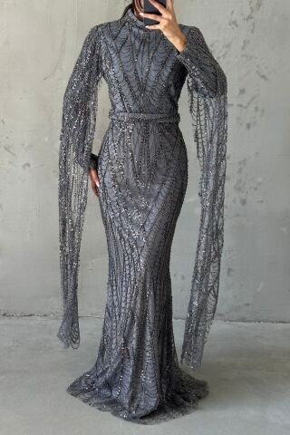 Işıltılı İşlemeli Uzun Kollu Tesettür Abiye Gri