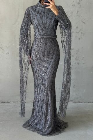 Işıltılı İşlemeli Uzun Kollu Tesettür Abiye Gri