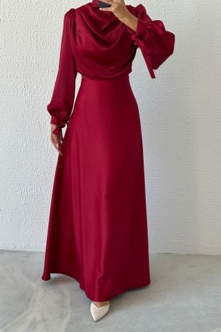 Dökümlü Akıcı Saten Kumaş Tesettür Abiye Bordo