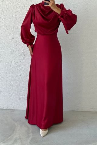 Dökümlü Akıcı Saten Kumaş Tesettür Abiye Bordo