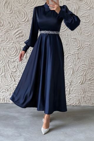 Işıltılı Kemer Detaylı Basic Saten Tesettür Abiye Lacivert