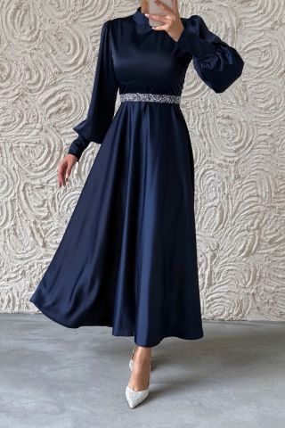 Basic Satin Hijab Evening Dress with Sparkly Belt Detail Navy Blue