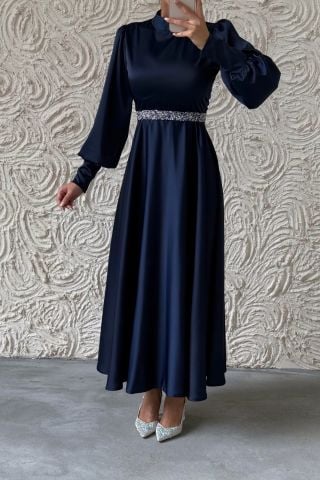 Basic Satin Hijab Evening Dress with Sparkly Belt Detail Navy Blue