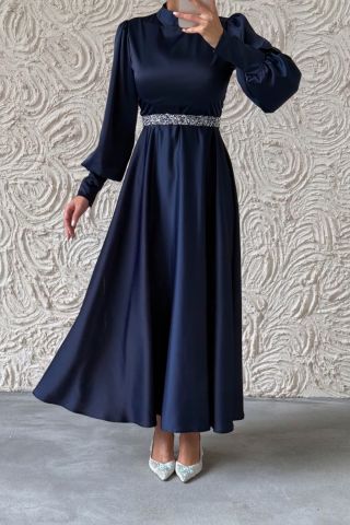 Basic Satin Hijab Evening Dress with Sparkly Belt Detail Navy Blue