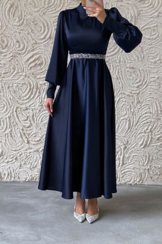 Basic Satin Hijab Evening Dress with Sparkly Belt Detail Navy Blue