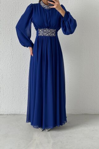 Modern Tasarım Taş Detaylı Şifon Tesettür Abiye Saks Mavisi