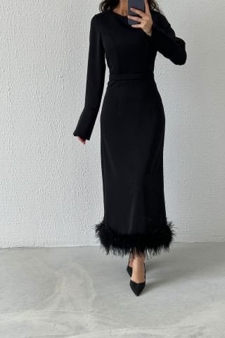 Etek Ucu Tüy Detaylı Krep Tesettür Abiye Siyah