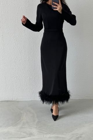 Etek Ucu Tüy Detaylı Krep Tesettür Abiye Siyah