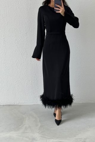 Etek Ucu Tüy Detaylı Krep Tesettür Abiye Siyah