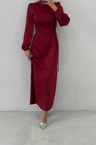 Belden Bağlama Detaylı Saten Tesettür Abiye Bordo
