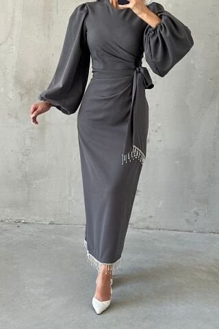 Double Krep Şık Tasarım Tesettür Abiye Gri